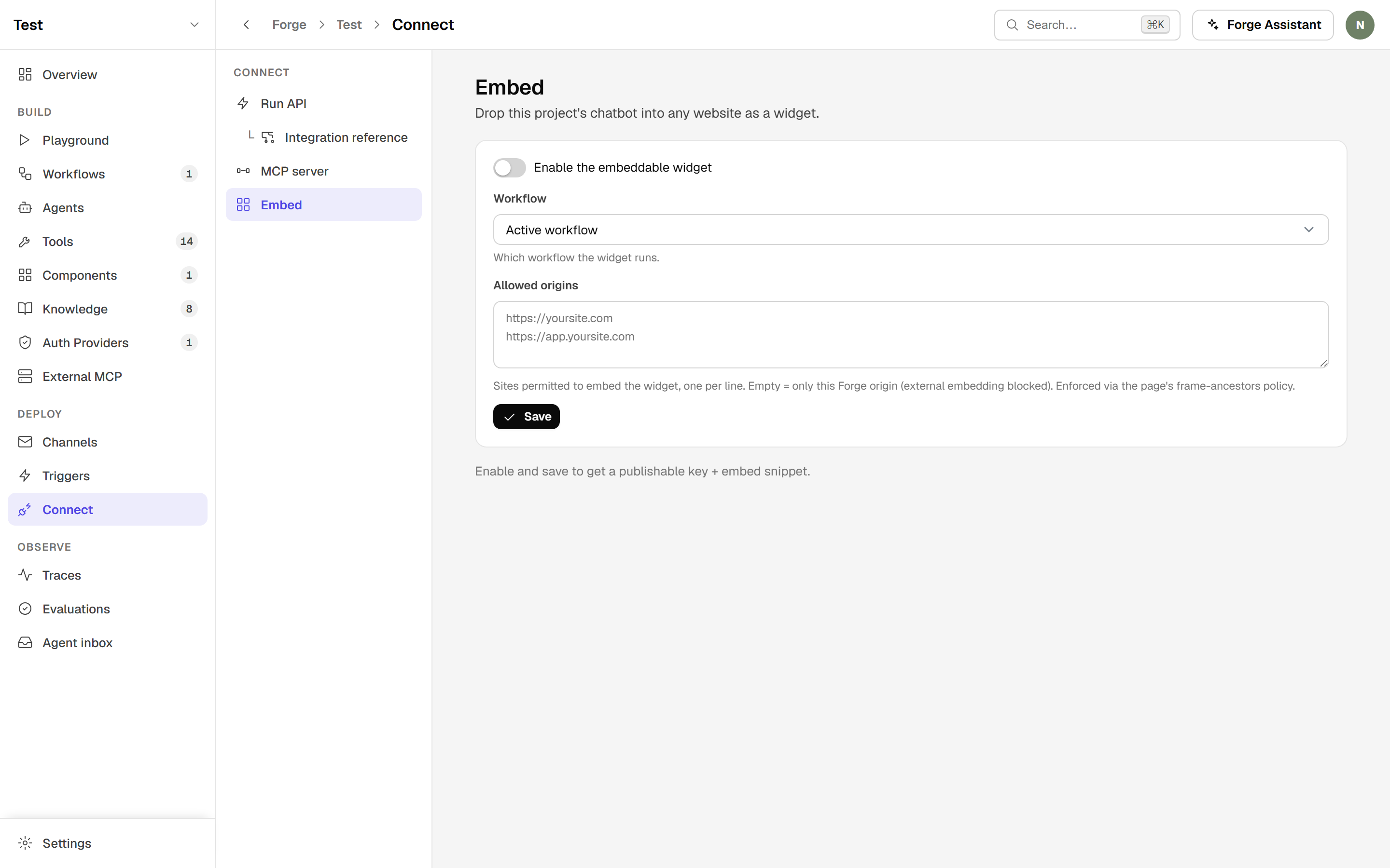 Forge embed screen with widget toggle, allowed origins, and a copy-paste launcher snippet
