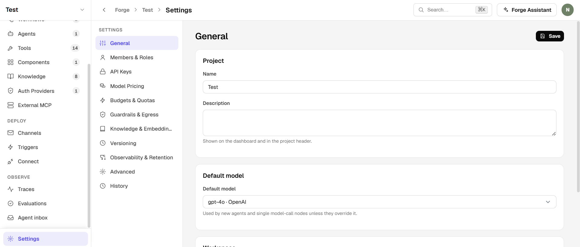 Forge project Settings with a section sidebar: General, Members and Roles, API Keys, Model Pricing, Budgets and Quotas, Guardrails and Egress, Versioning, and more