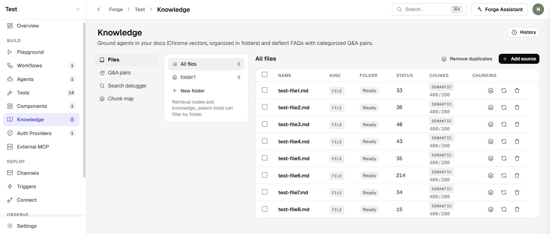 Forge knowledge screen showing document sources, folders, chunking status, and Q&A