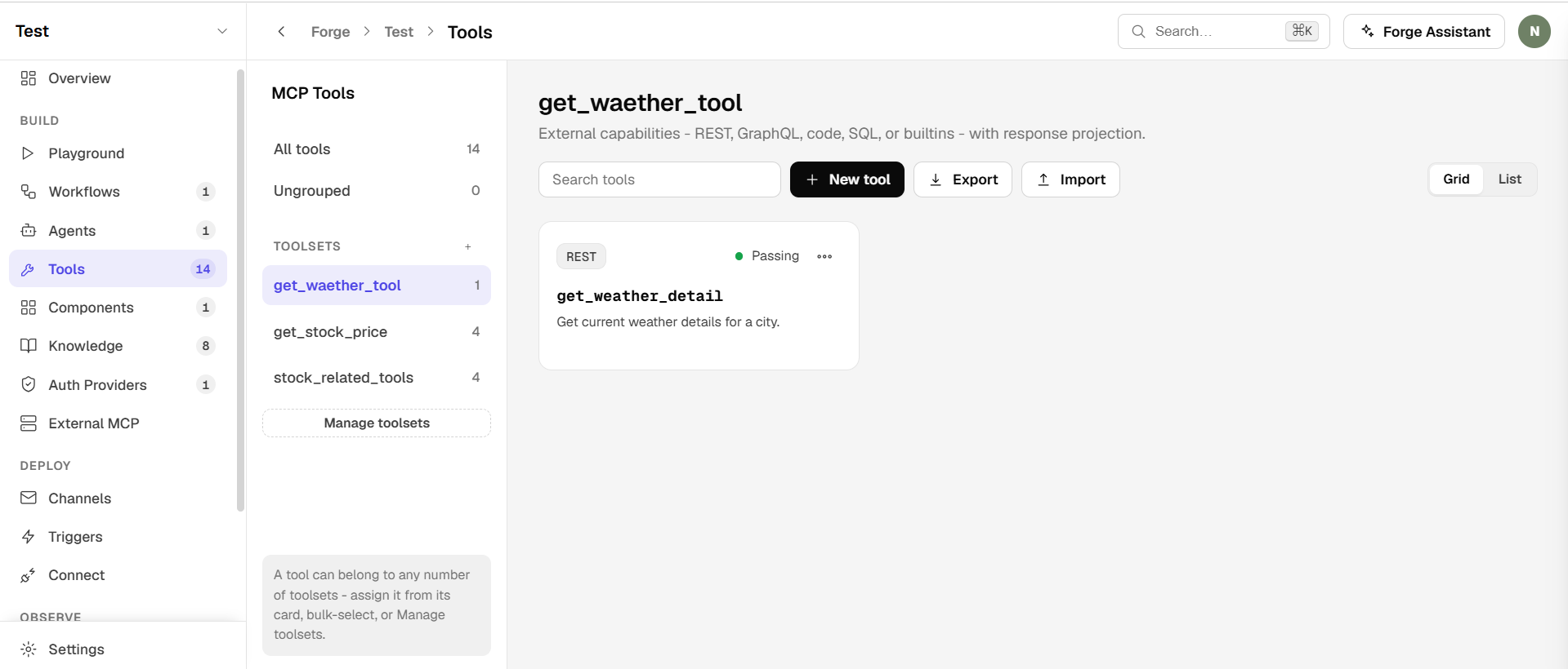 Forge Tools screen: the tool grid grouped into reusable tool sets, with grid/list views and one-click export and import
